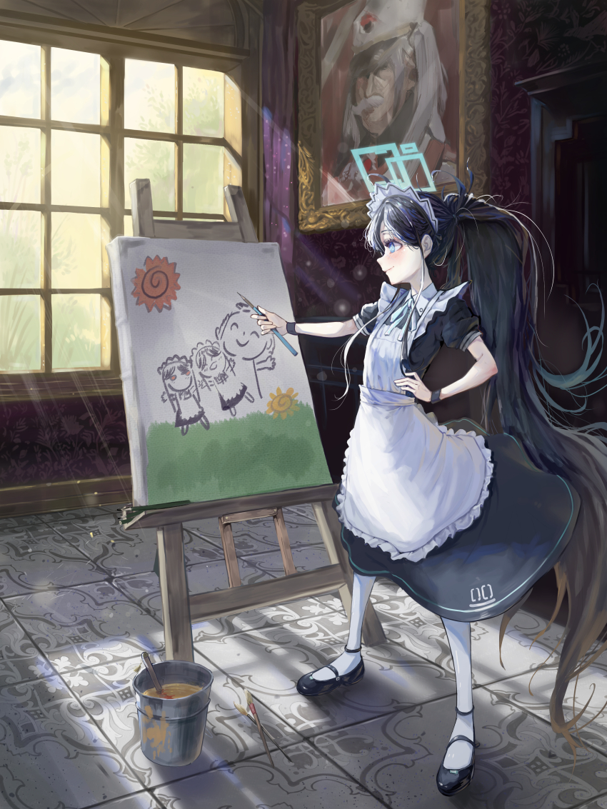 1girl absurdres apron aris_(blue_archive) aris_(maid)_(blue_archive) asuna_(blue_archive) black_footwear black_hair blue_archive blue_eyes blue_ribbon cherino_(blue_archive) doodle_sensei_(blue_archive) hair_between_eyes hand_on_own_hip highres holding holding_brush kongaru_123 maid maid_apron maid_headdress neru_(blue_archive) paint_can painting_(object) pantyhose ponytail ribbon sensei_(blue_archive) white_pantyhose