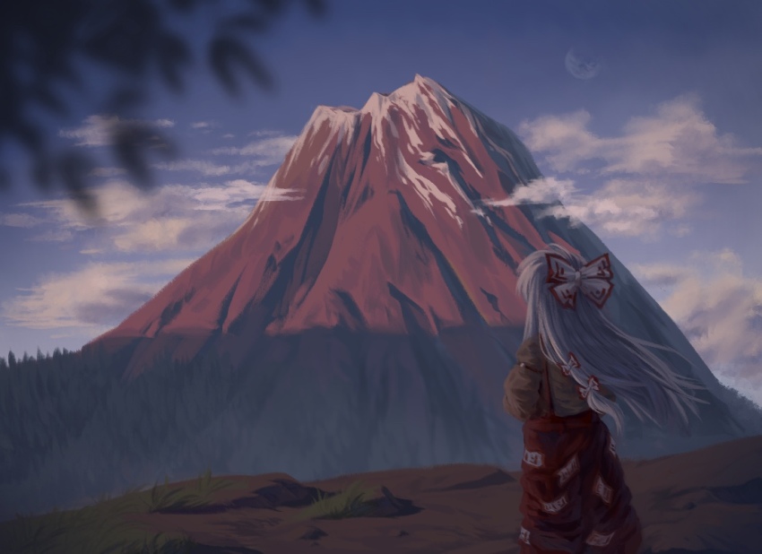 1girl blue_sky blurry bow brown_shirt chinese_commentary cloud commentary_request depth_of_field forest fujiwara_no_mokou hair_bow long_hair long_sleeves moon mountain nature ofuda ofuda_on_clothes outdoors pants red_pants satellitedragon shirt sky solo suspenders touhou white_hair