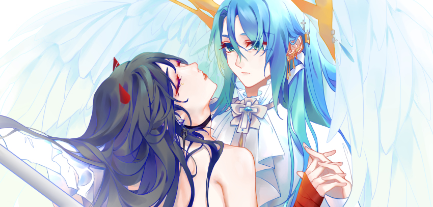 2girls absurdres angel_and_devil angel_wings aqua_hair bang_dream! black_choker choker closed_eyes commentary cross_hair_ornament demon_horns feathered_wings green_eyes hair_between_eyes hair_ornament highres hikawa_sayo horns interlocked_fingers kawa_(trash0kawa) long_hair long_hair_between_eyes long_sleeves multiple_girls open_mouth parted_lips shirokane_rinko upper_body wings yuri