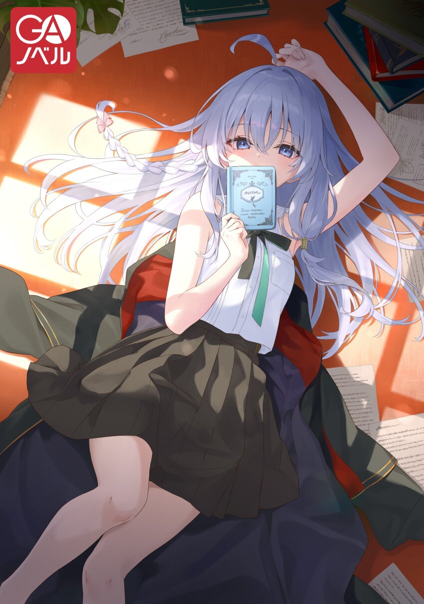 1girl absurdres ahoge arm_up azuuru black_ribbon black_skirt book bow braid breast_pocket cover cover_image elaina_(majo_no_tabitabi) grey_hair hair_bow highres holding holding_book indoors long_hair looking_at_viewer lying majo_no_tabitabi novel_illustration official_art on_back pink_bow pocket ribbon shirt skirt sleeveless sleeveless_shirt solo