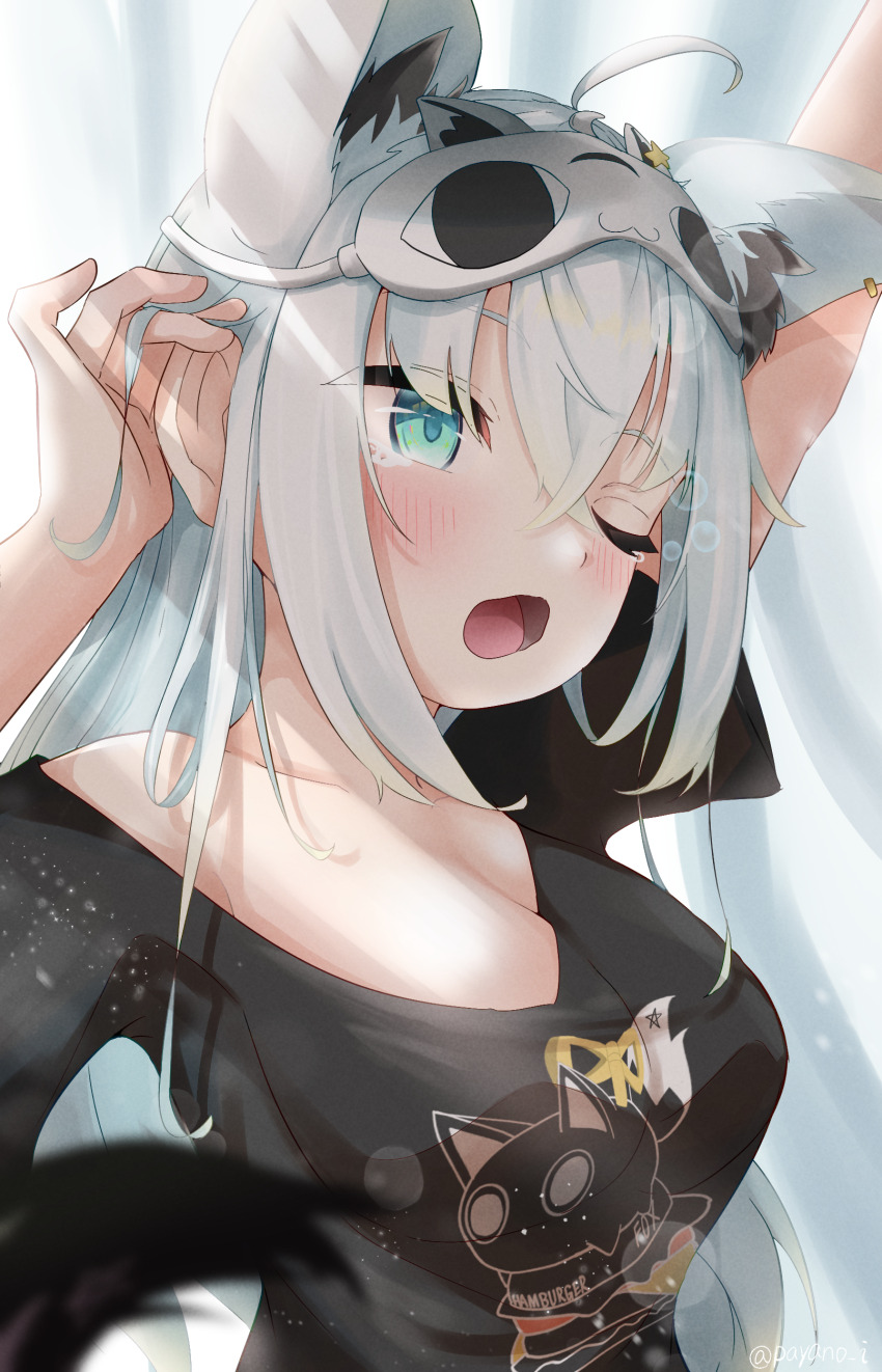 1girl absurdres ahoge animal_ears black_shirt blue_eyes breasts cleavage extra_ears fox_ears fox_girl highres hololive long_hair looking_at_viewer medium_breasts official_alternate_costume one_eye_closed open_mouth payano_i shirakami_fubuki shirakami_fubuki_(loungewear) shirt sleep_mask virtual_youtuber white_mask