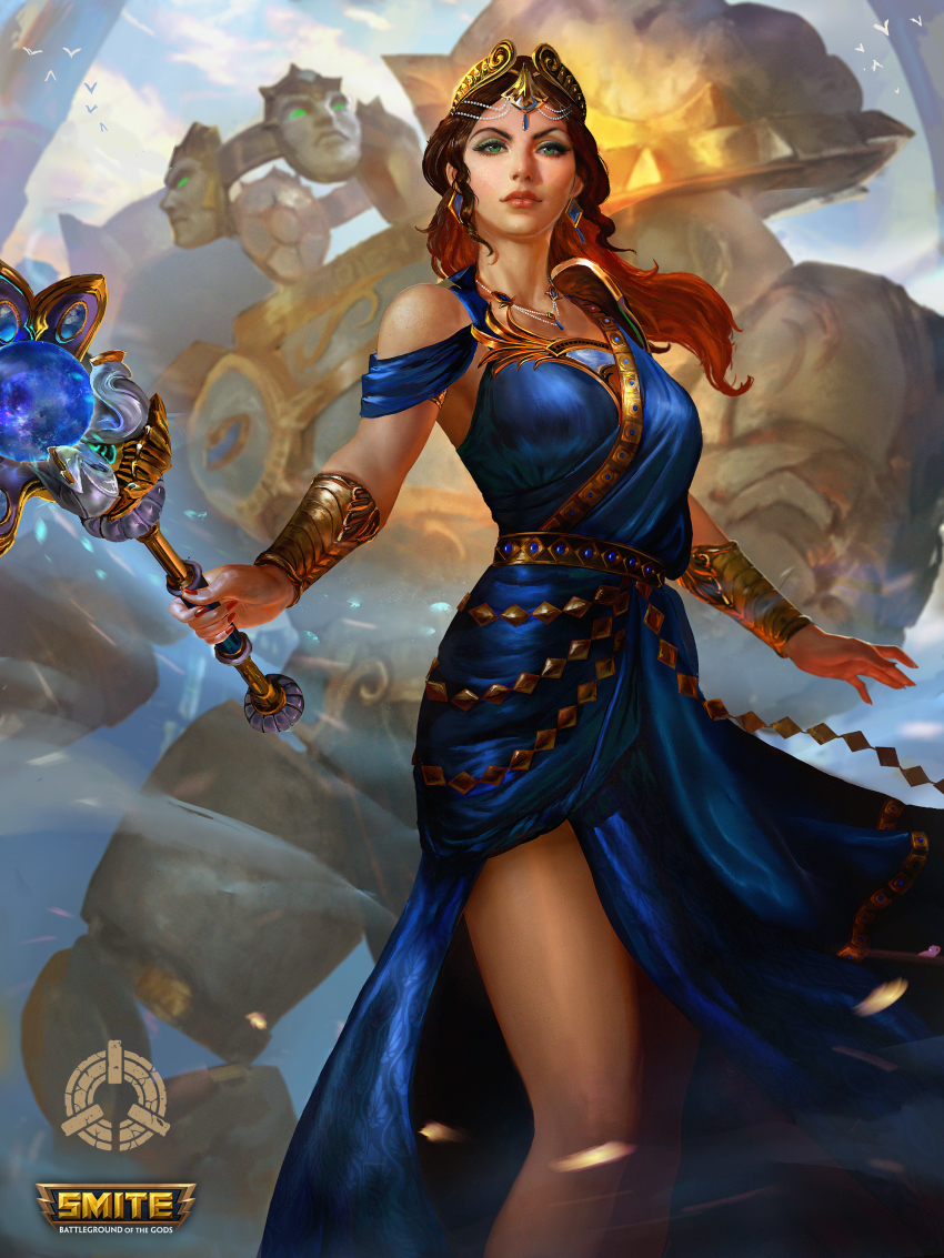 1girl absurdres alternate_costume bird bracelet copyright_name dress earrings golem greek_text green_eyes hera_(smite) highres jewelry long_hair makeup nail_polish necklace official_art ponytail queen red_hair sky smite solo staff tiara