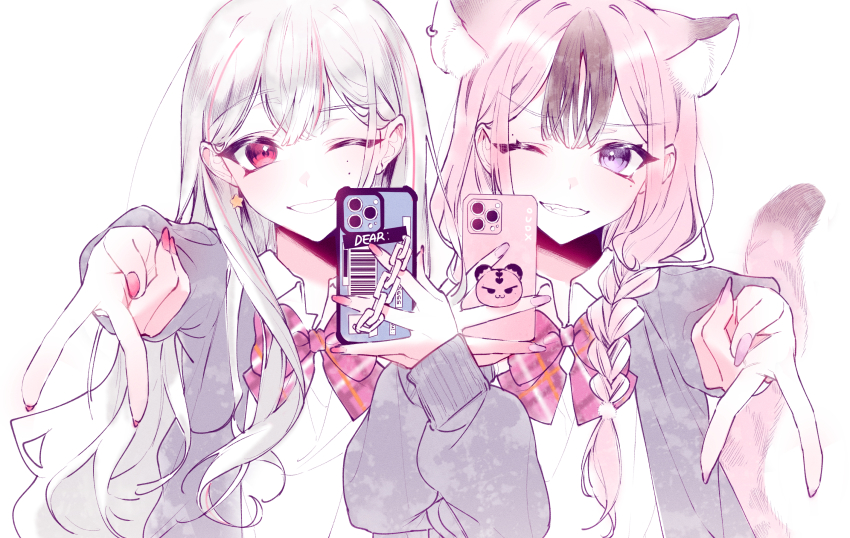 2girls animal_ear_fluff animal_ears black_cardigan bow braid brown_hair cardigan cellphone collared_shirt commentary dear:_(utaite) grey_hair highres holding holding_phone indie_utaite indie_virtual_youtuber multicolored_hair multiple_girls nail_polish one_eye_closed original phone pink_eyes pink_hair pink_nails purple_eyes red_bow school_uniform shirt smartphone smile streaked_hair symbol-only_commentary twin_braids utaite v v-shaped_eyebrows virtual_youtuber white_background white_shirt xoco xoco_(vtuber)