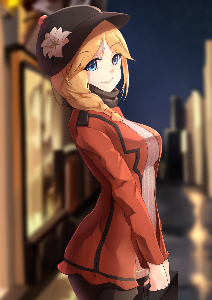 1girl bag black_bag black_headwear blonde_hair blue_eyes braid breasts city closed_mouth feet_out_of_frame highres holding holding_bag jacket long_hair looking_at_viewer medium_breasts red_jacket rodney_(warship_girls_r) smile solo standing warship_girls_r xueci