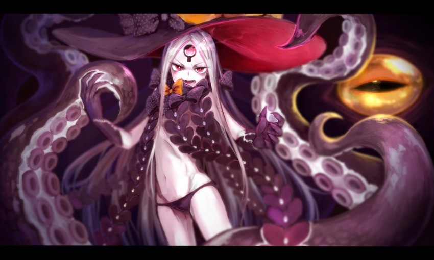 1girl abigail_williams_(fate) abigail_williams_(third_ascension)_(fate) black_bow black_hat black_panties bow convenient_censoring fate/grand_order fate_(series) female_focus fingernails grey_hair hat keyhole kumauwo long_hair navel orange_bow pale_skin panties polka_dot polka_dot_bow red_eyes revealing_clothes sharp_fingernails solo tentacles third_eye underwear very_long_hair witch_hat