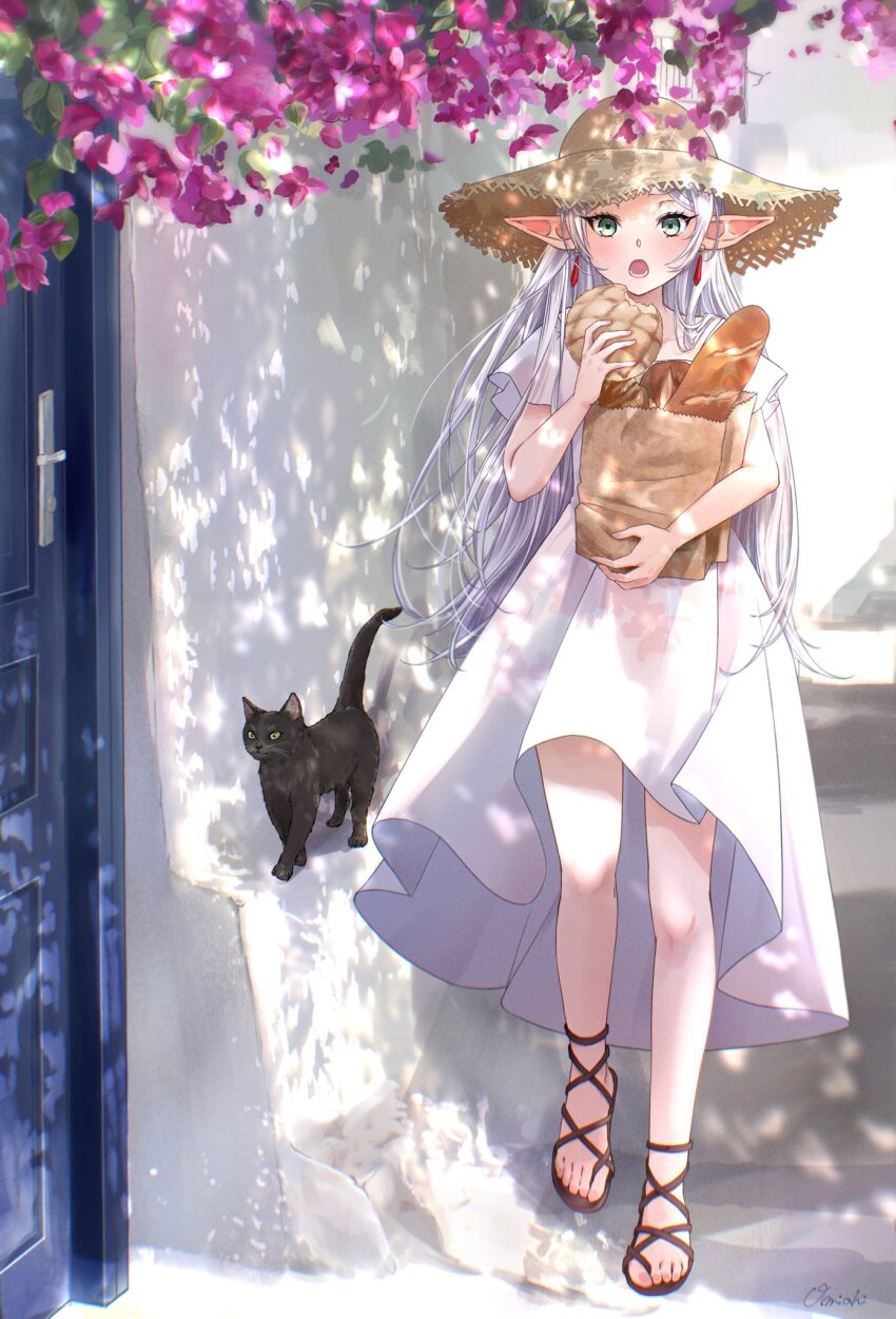 1girl animal bag black_cat bread cat dappled_sunlight day door dress earrings elf food frieren green_eyes hat highres holding holding_bag jewelry long_hair omichi_1219 open_mouth outdoors paper_bag pointy_ears sandals solo sousou_no_frieren straw_hat sunlight white_dress white_hair