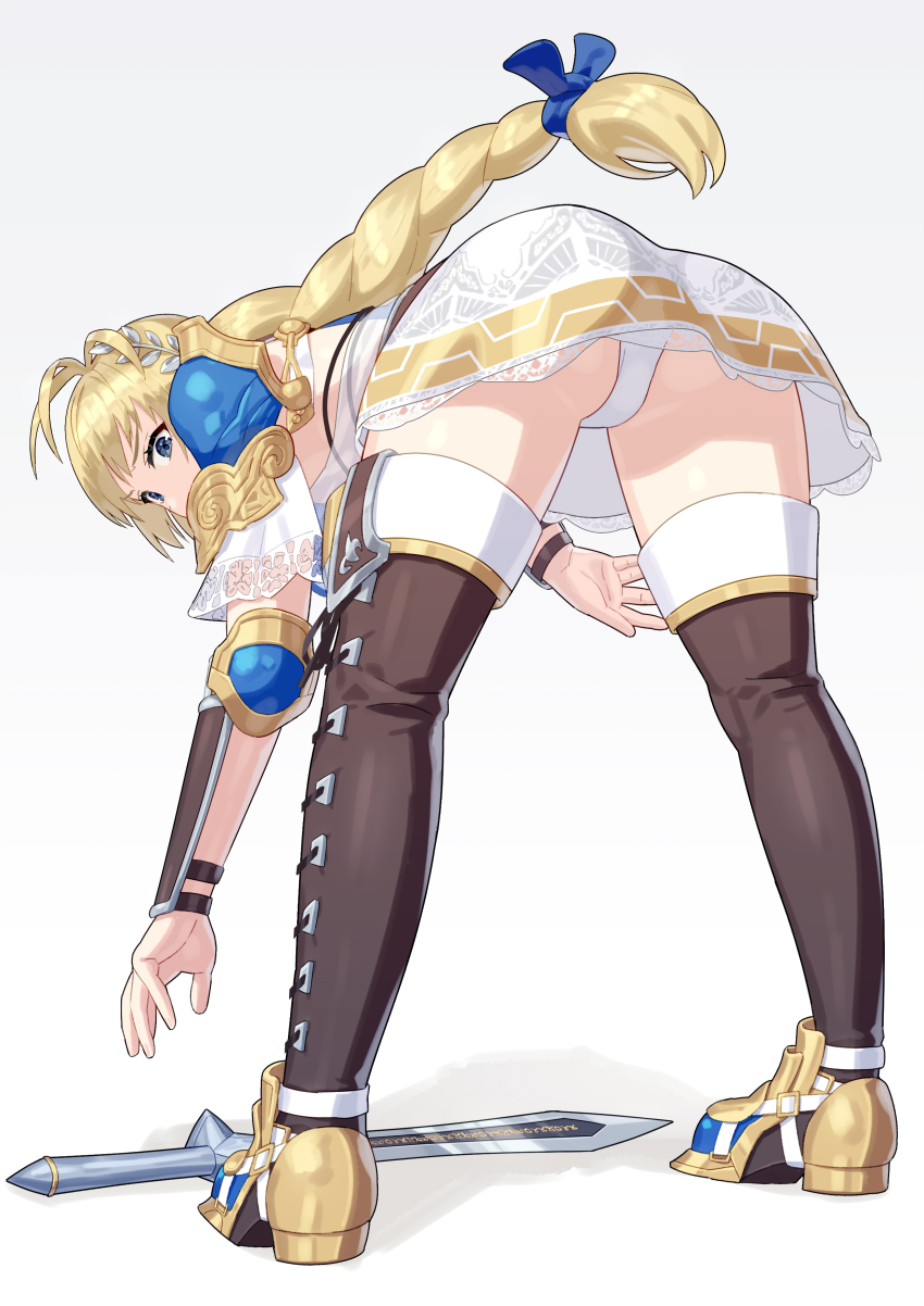 1girl absurdres ahoge armor ass bent_over blonde_hair blue_eyes blue_ribbon boots braid commentary commission dress floating_hair from_behind from_below hair_ribbon head_wreath highres looking_at_viewer looking_back panties pantyshot pauldrons pixiv_commission ribbon shoulder_armor solo sophitia_alexandra soul_calibur soulcalibur soulcalibur_vi sword thigh_boots underwear weapon white_background white_dress white_panties yagi2013