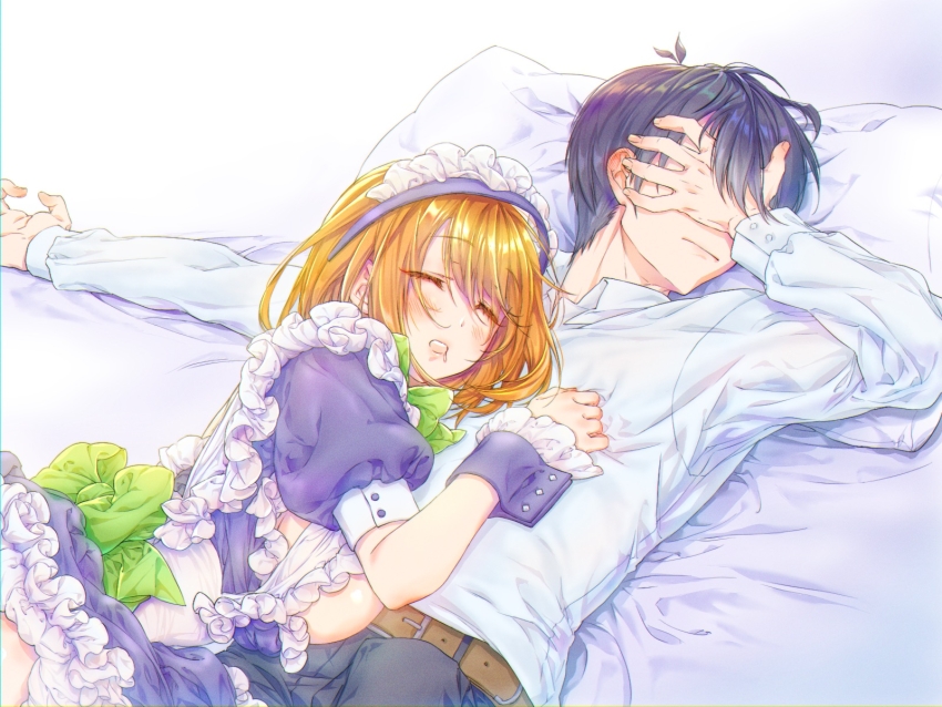 1boy 1girl bed_sheet blue_dress blue_hair blue_shirt blue_wrist_cuffs blush breast_cutout breasts closed_mouth collared_shirt dark_blue_hair dress drooling facepalm frilled_dress frilled_headband frilled_wrist_cuffs frills girl_on_top go-toubun_no_hanayome hetero highres large_breasts long_sleeves lying lying_on_person maid nakano_yotsuba on_back on_stomach orange_hair pillow shirt short_hair short_sleeves uesugi_fuutarou unconventional_maid wrist_cuffs yu_(flowerbird3830)