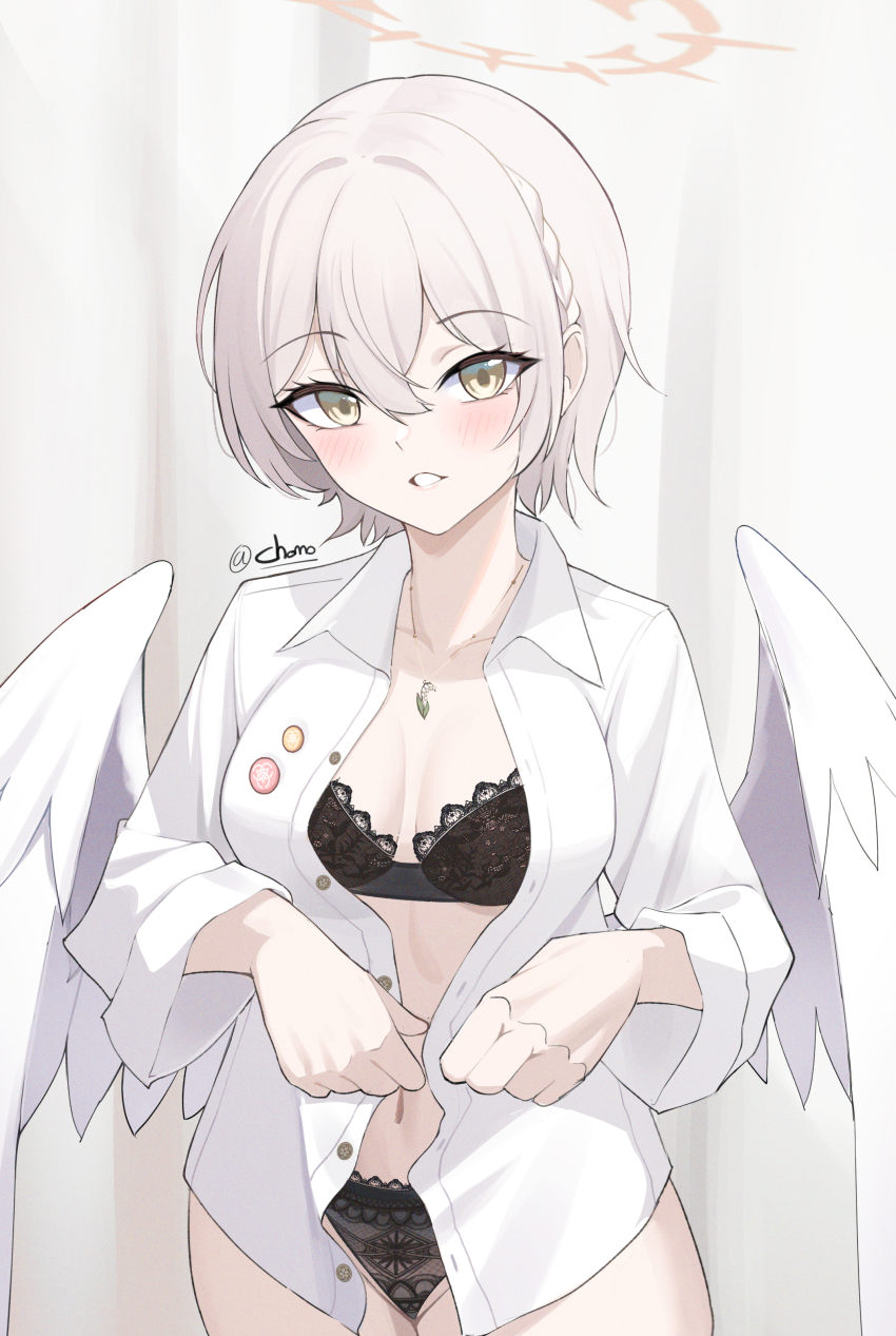 1girl absurdres alternate_costume alternate_hair_length alternate_hairstyle angel_wings blue_archive breasts collarbone feathered_wings halo highres kurochomo lingerie low_wings nagisa_(blue_archive) navel orange_halo shirt short_hair solo underwear white_wings wings