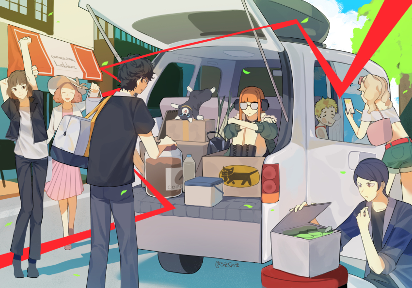 3boys 4girls amamiya_ren arms_up bag black_cat black_hair blonde_hair blue_hair boots bottle box brown_hair building car_trunk cardboard_box cat cellphone closed_mouth day eunjaebab eyewear_on_head glasses hashtag-only_commentary headphones highres holding holding_phone jar kitagawa_yuusuke morgana_(persona_5) multiple_boys multiple_girls niijima_makoto okumura_haru opaque_glasses orange_hair outdoors pants persona persona_5 persona_5_scramble:_the_phantom_strikers phone sakamoto_ryuuji sakura_futaba shirt short_sleeves sitting spring_onion takamaki_anne twitter_username