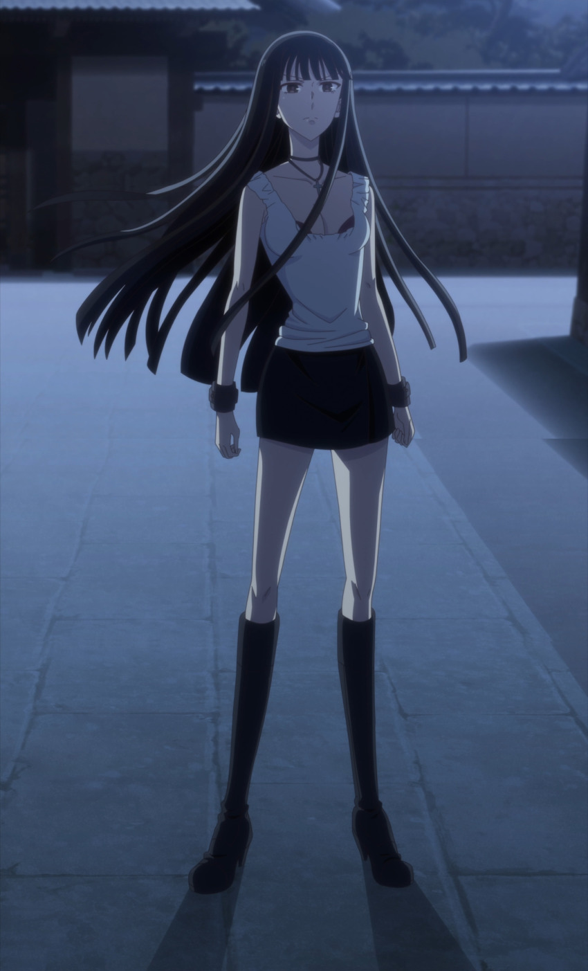 1girl absurdres anime_screenshot black_eyes black_footwear black_hair black_skirt boots bracelet breasts closed_mouth floating_hair fruits_basket full_body high_heel_boots high_heels highres jewelry knee_boots long_hair medium_breasts necklace non-web_source shirt skirt sleeveless sleeveless_shirt solo souma_isuzu standing stitched third-party_edit white_shirt wind