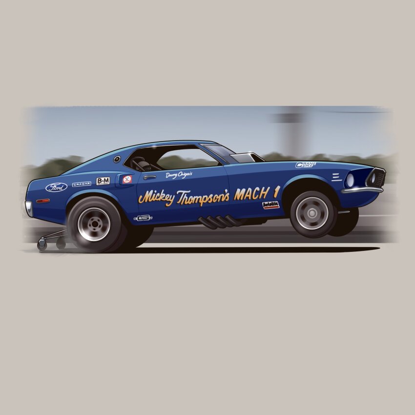 1boy arhentol car company_name danny_ongais driving ford ford_mustang ford_mustang_(1st_generation) from_side helmet highres motion_blur motor_vehicle muscle_car race_vehicle racecar real_life shadow sky tree vehicle_focus