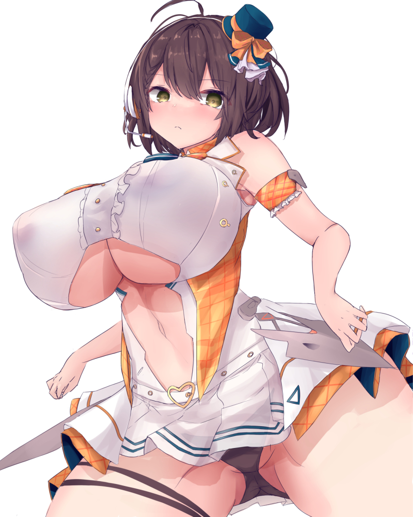 1girl ahoge arm_strap arm_up armpits azur_lane baltimore_(azur_lane) baltimore_(muse)_(azur_lane) bare_shoulders black_panties bow braid breasts brown_hair cameltoe center_frills center_opening clothes_lift clothing_cutout covered_erect_nipples cowboy_shot crop_top french_braid frills from_below groin hair_between_eyes hairband hat headset highres huge_breasts idol looking_at_viewer mini_hat motion_lines navel navel_cutout official_alternate_costume open_mouth orange_bow panties pantyshot partially_visible_vulva shirt short_hair sidelocks simple_background skirt skirt_lift sleeveless sleeveless_shirt solo stage standing sweat thick_thighs thighs underboob underboob_cutout underwear white_background white_hairband white_shirt white_skirt yellow_eyes yuuki_shuri