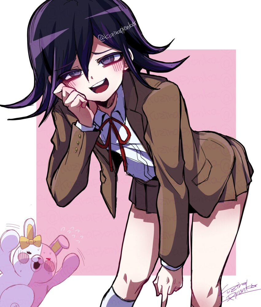 1boy :d artist_name black_hair blush bow brown_jacket brown_skirt collared_shirt commentary crossdressing danganronpa_(series) danganronpa_3_(anime) danganronpa_v3:_killing_harmony ear_bow flipped_hair hair_between_eyes hand_up highres hope&#039;s_peak_academy_school_uniform jacket kujira_pyon_ka leaning_forward long_sleeves looking_at_viewer male_focus medium_hair miniskirt monomi_(danganronpa) oma_kokichi open_clothes open_jacket open_mouth pink_background purple_eyes purple_hair red_ribbon ribbon school_uniform shirt short_hair simple_background skirt smile solo symbol-only_commentary teeth twitter_username upper_teeth_only white_background white_shirt