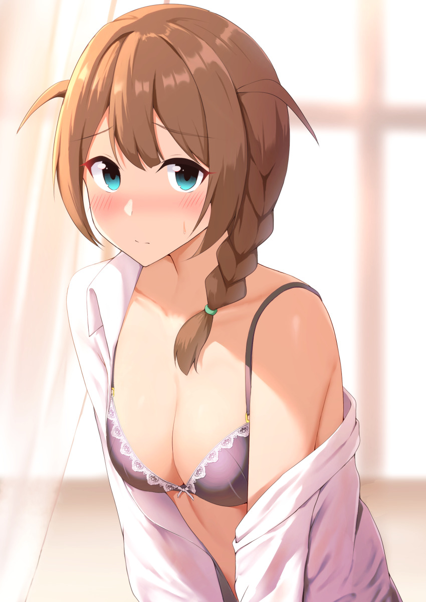 1girl absurdres alternate_breast_size aqua_eyes baba_konomi blurry blurry_background blush bra braid breasts brown_hair cleavage collarbone highres idolmaster idolmaster_million_live! indoors karua_(karua23) looking_at_viewer medium_breasts nose_blush open_clothes open_shirt purple_bra shirt solo sweatdrop underwear white_shirt