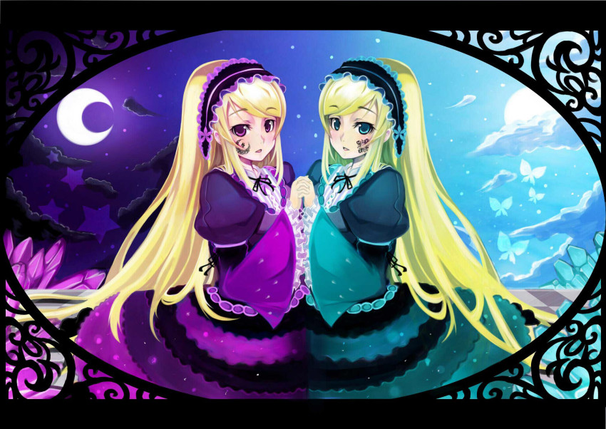 2girls aqua_eyes blonde_hair cloud gothic_lolita hairband highres hortense_(sound_horizon) lolita_fashion long_hair moon multiple_girls purple_eyes roman_(sound_horizon) sky sound_horizon symmetry violette_(sound_horizon) yatsuhashi