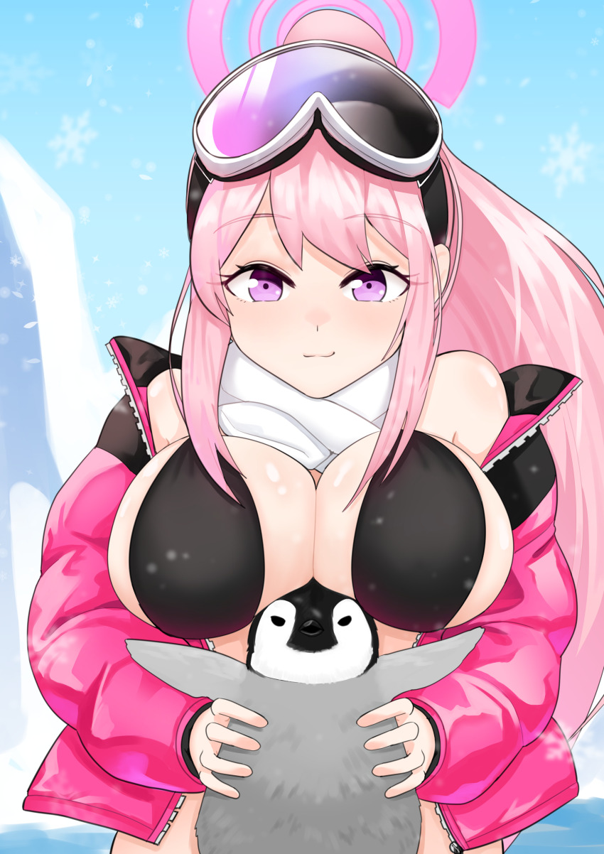 1girl absurdres bikini bird black_bikini blue_archive breast_rest breasts carried_breast_rest carrying cleavage eimi_(blue_archive) eimi_(swimsuit)_(blue_archive) goggles halo highres jacket large_breasts marucody penguin pink_eyes pink_hair pink_jacket scarf solo swimsuit