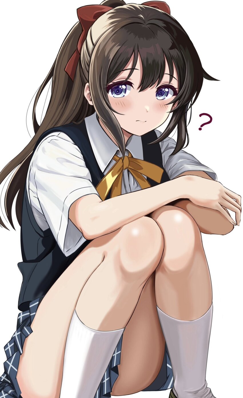 1girl ? ankle_socks black_vest blue_eyes blue_skirt bow brown_hair closed_mouth collared_shirt commentary convenient_skirt dress_shirt feet_out_of_frame hair_between_eyes hair_bow half_updo highres light_frown long_hair looking_at_viewer love_live! love_live!_nijigasaki_high_school_idol_club miniskirt neck_ribbon nijigasaki_school_uniform osaka_shizuku plaid_clothes plaid_skirt pleated_skirt red_bow ribbon school_uniform shirt short_sleeves sidelocks simple_background skirt socks solo split_mouth summer_uniform vest white_background white_shirt white_socks yellow_ribbon zaofeng