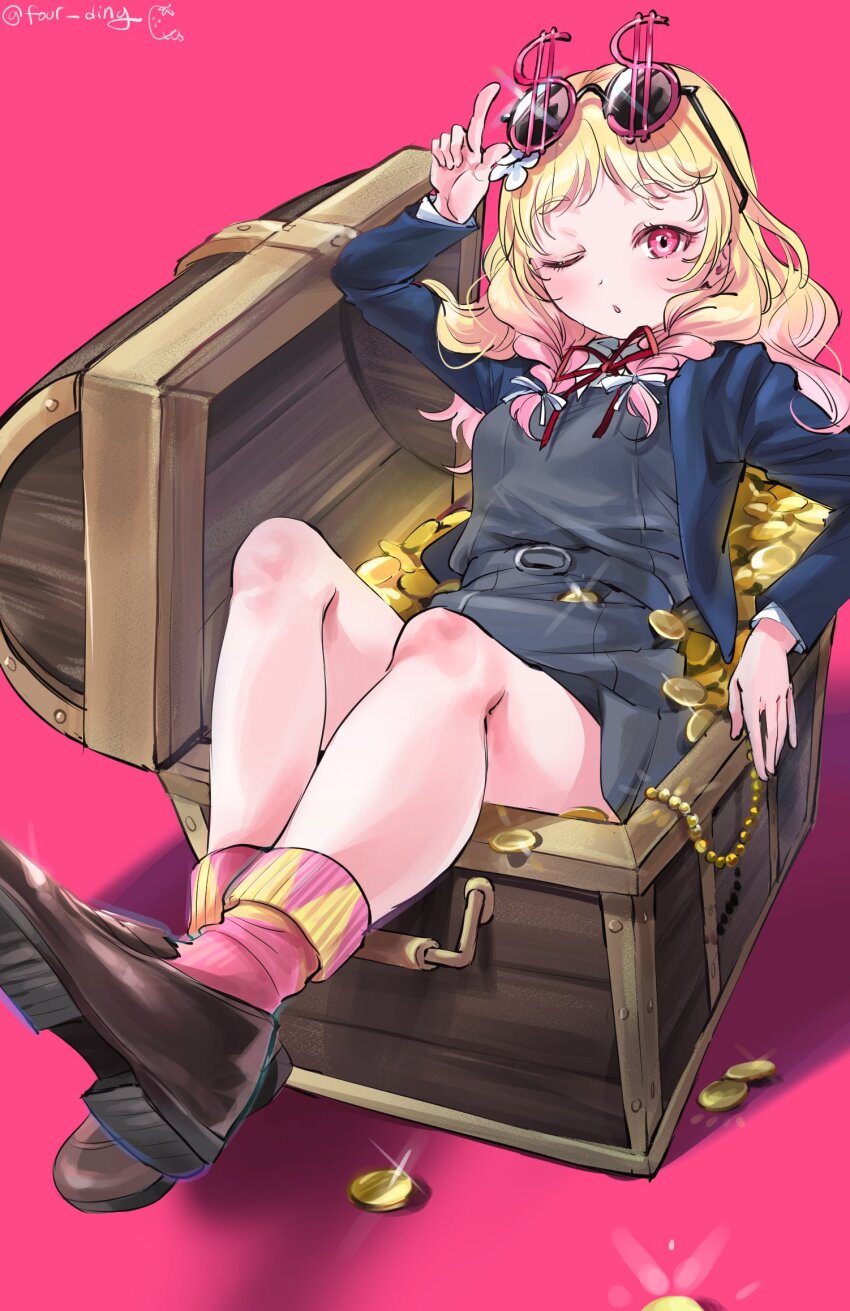 1girl 4ding blonde_hair blue_jacket brown_footwear coin collared_shirt commentary dollar_sign dress dress_shirt eyewear_on_head full_body gold_coin gradient_hair grey_dress highres in_container jacket loafers long_hair long_sleeves love_live! love_live!_superstar!! multicolored_hair neck_ribbon onitsuka_natsumi open_clothes open_jacket pink_background pink_eyes pink_hair pink_socks red_ribbon ribbon round_eyewear school_uniform shirt shoe_soles shoes short_dress socks solo sunglasses treasure_chest white_shirt winter_uniform yuigaoka_school_uniform