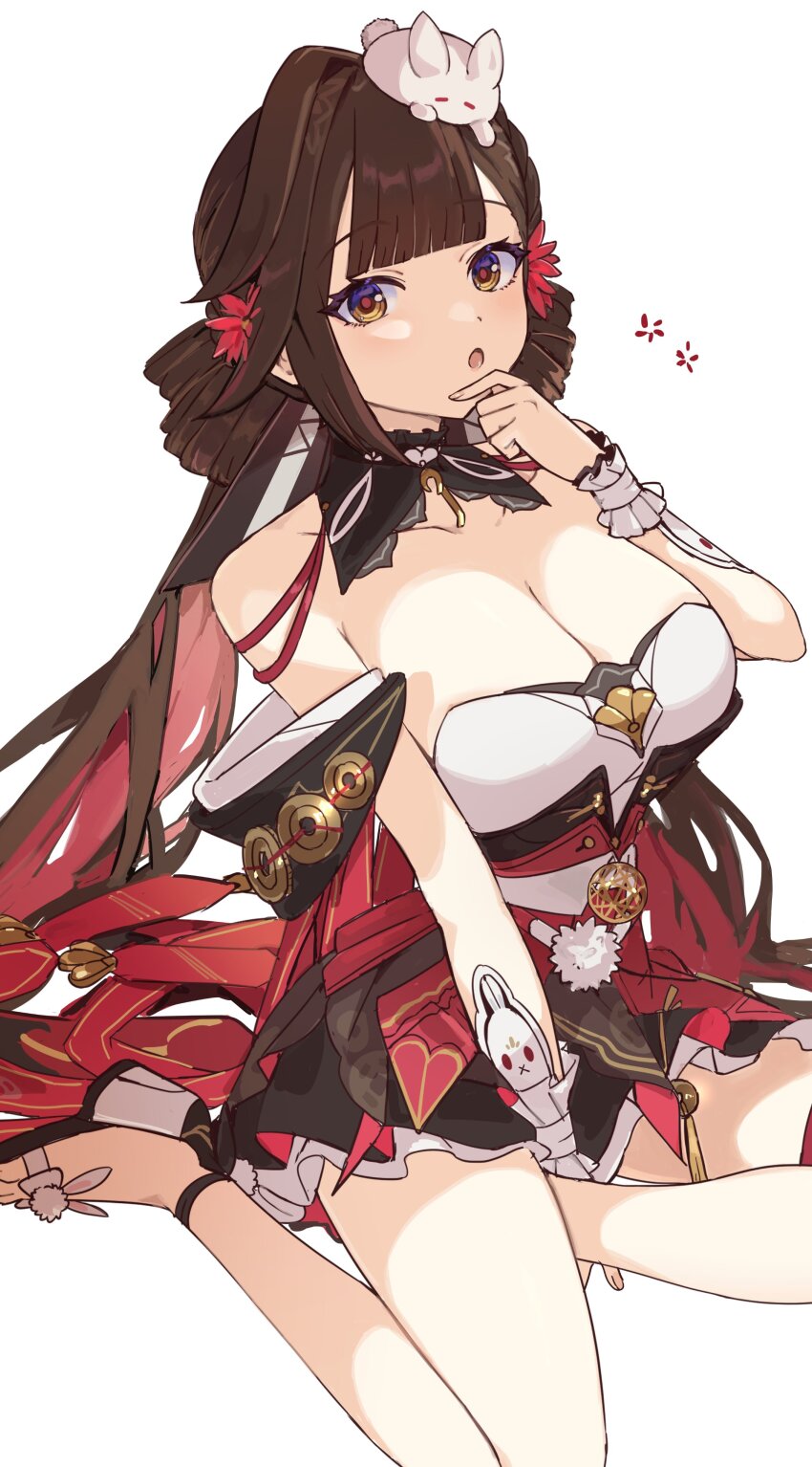 1girl :o absurdres animal animal_on_head awe_(adorableduckyy) bare_legs bare_shoulders breasts brown_eyes brown_hair chinese_clothes cleavage collarbone dress highres honkai_(series) honkai_impact_3rd large_breasts legs li_sushang li_sushang_(auspicious_dazzle) li_sushang_(jade_knight) long_hair official_alternate_costume on_head rabbit red_dress sandals seiza sitting