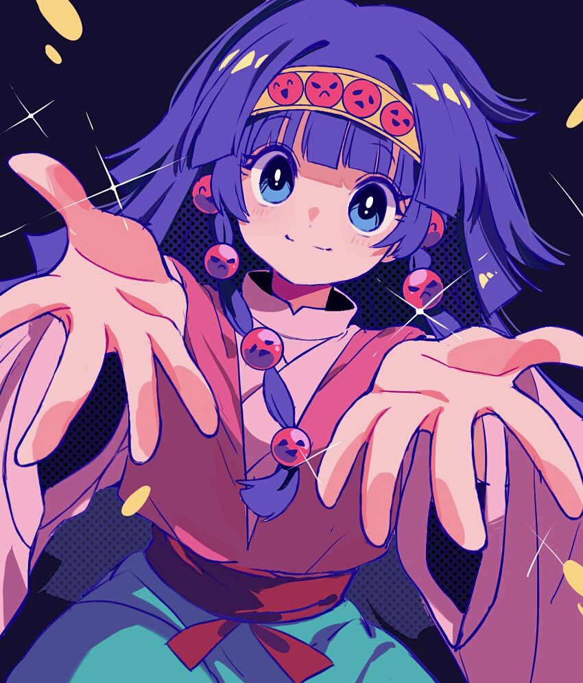 1boy alluka_zoldyck blue_eyes blue_hair commentary green_skirt headband highres hunter_x_hunter japanese_clothes long_hair looking_at_viewer male_focus reaching reaching_towards_viewer red_sash sanamaru_(sana79261827) sash skirt smile solo wide_sleeves