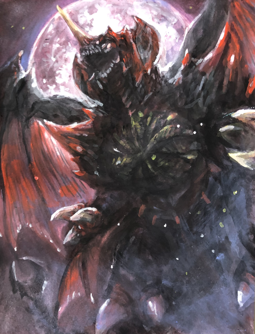 absurdres claws crest destoroyah extra_wings full_moon g.n.a giant giant_monster godzilla_(series) godzilla_vs._destoroyah highres horns kaiju low_wings monster moon night no_humans open_mouth pincers red_moon roaring single_horn tail toho tongue wings