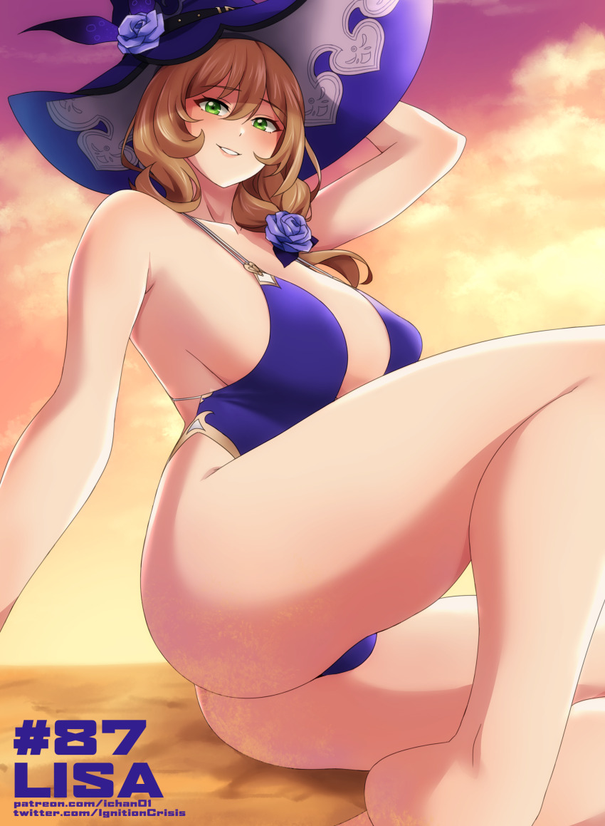 1girl absurdres ass bare_legs bare_shoulders beach bikini breasts brown_hair collarbone feet_out_of_frame flower genshin_impact gold_trim green_eyes hair_flower hair_ornament hat highres large_breasts lisa_(genshin_impact) long_hair looking_at_viewer purple_bikini sand sgt_crisis sideboob smile solo swimsuit witch witch_hat