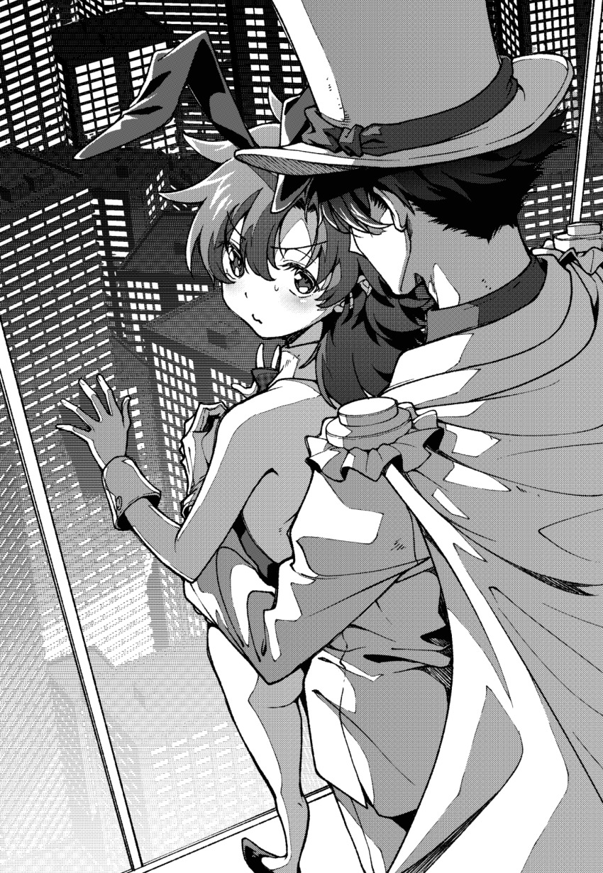 1boy 1girl against_glass animal_ears ass blush borokouhek cape city commentary_request from_above gloves greyscale halftone hand_on_another&#039;s_chest hand_on_window hat highres hug hug_from_behind kaitou_kid leotard looking_at_another looking_back magic_kaito medium_hair monochrome nakamori_aoko nontraditional_playboy_bunny pout rabbit_ears short_hair side_part strapless strapless_leotard sweatdrop top_hat v-shaped_eyebrows window wrist_cuffs