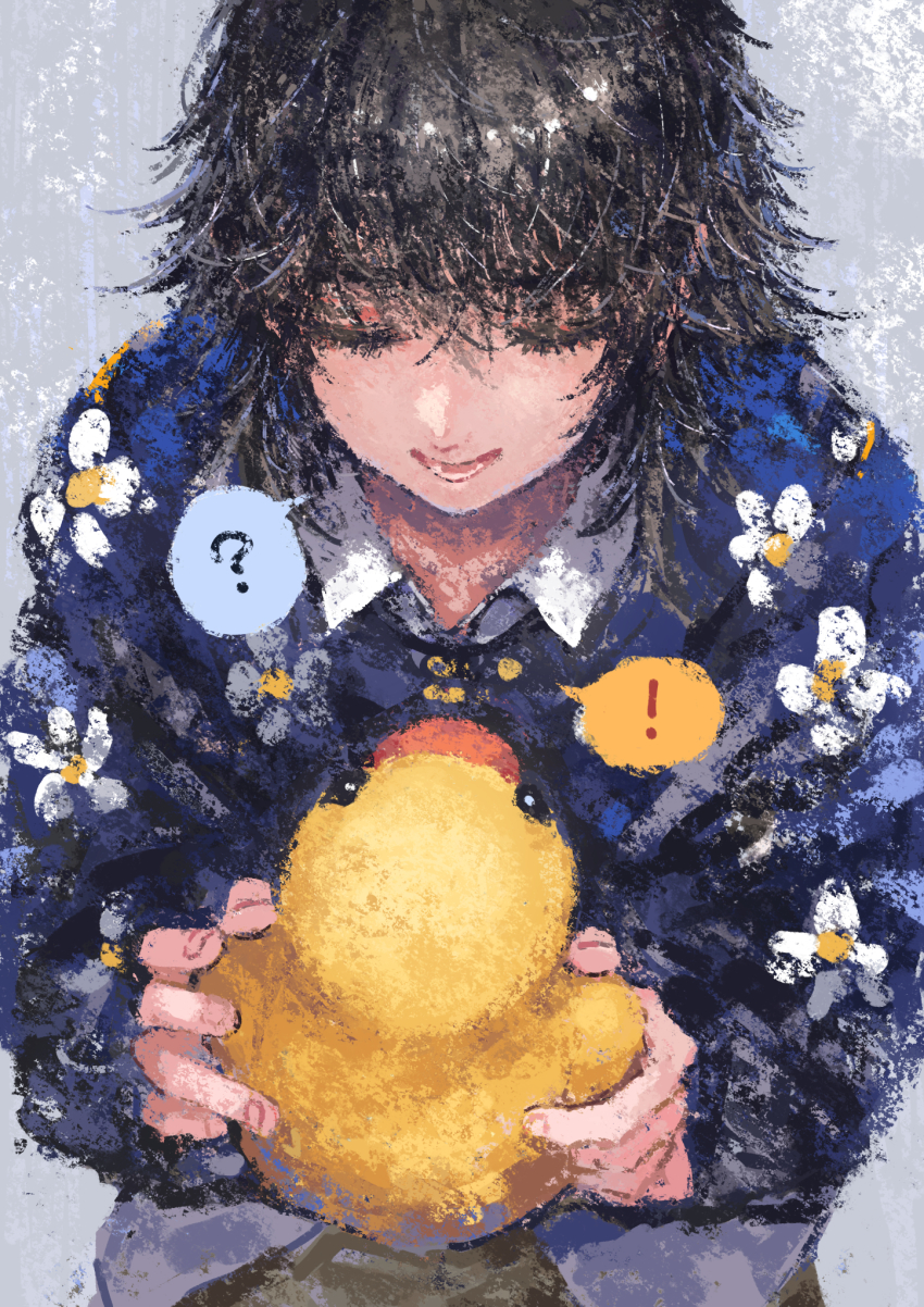 ! 1girl ? black_hair closed_eyes floral_print flower highres holding kaneni long_sleeves medium_hair open_mouth original print_shirt rubber_duck shirt smile solo spoken_exclamation_mark spoken_question_mark upper_body white_flower