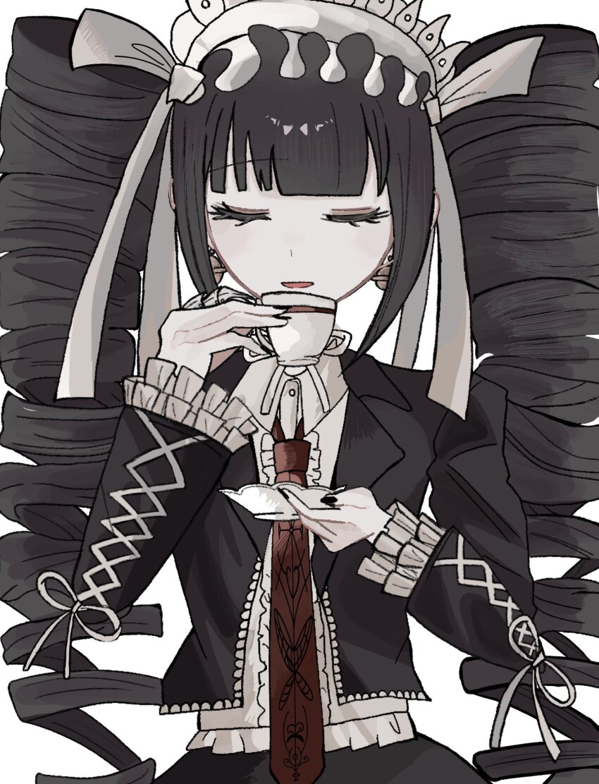 1girl black_hair black_jacket black_nails bonnet celestia_ludenberg claw_ring closed_eyes cup danganronpa:_trigger_happy_havoc danganronpa_(series) drill_hair egao_(nsazrs) frilled_jacket frills gothic_lolita hairband highres holding holding_cup holding_plate jacket lolita_fashion lolita_hairband long_hair long_sleeves necktie plate print_necktie red_eyes red_necktie shirt simple_background skirt solo twin_drills twintails upper_body white_background