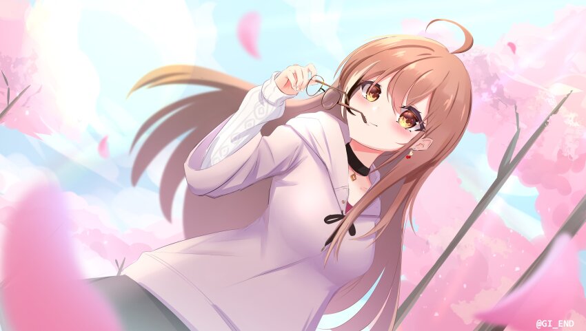 1girl absurdres ahoge berry black_choker brown_eyes brown_hair brown_hoodie brown_skirt cherry_blossoms choker earrings falling_petals food-themed_earrings from_below gi_end glasses highres holding holding_removed_eyewear hololive hololive_english hood hoodie jewelry long_hair long_sleeves multicolored_hair nail_art nanashi_mumei nanashi_mumei_(casual) necklace official_alternate_costume oversized_clothes petals red_shirt round_eyewear runes shirt skirt sky sleeves_past_wrists streaked_hair sweater unworn_eyewear very_long_hair virtual_youtuber white_sweater