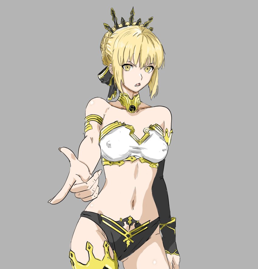 1girl annoyed armband artoria_pendragon_(all) artoria_pendragon_(fate) bare_shoulders blonde_hair breasts choker cosplay covered_erect_nipples cowboy_shot detached_sleeves fate/grand_order fate/stay_night fate_(series) grey_background highres ishtar_(fate) looking_at_viewer medium_breasts narrow_waist navel out_of_frame pale_skin pointing pointing_at_viewer saber_alter saberalter saberalter_says says simple_background solo tiara type-moon upper_body yellow_eyes