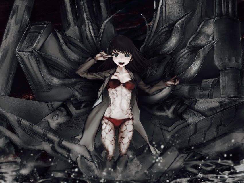 1girl action anti-art_attachment artist_request bikini black_hair breasts coat externally_piloted_mecha feet_out_of_frame grey_coat grey_eyes gun haimura_kiyotaka hands_up kihara_yuiitsu lab_coat long_hair long_sleeves looking_at_viewer machine_gun machinery mecha medium_breasts navel open_clothes open_mouth powered_suit_(toaru) red_bikini robot rossapq smile solo spoilers standing stomach swimsuit teeth thighs toaru_majutsu_no_index toaru_majutsu_no_index:_new_testament tongue upper_teeth_only veins veiny_stomach veiny_thighs water weapon