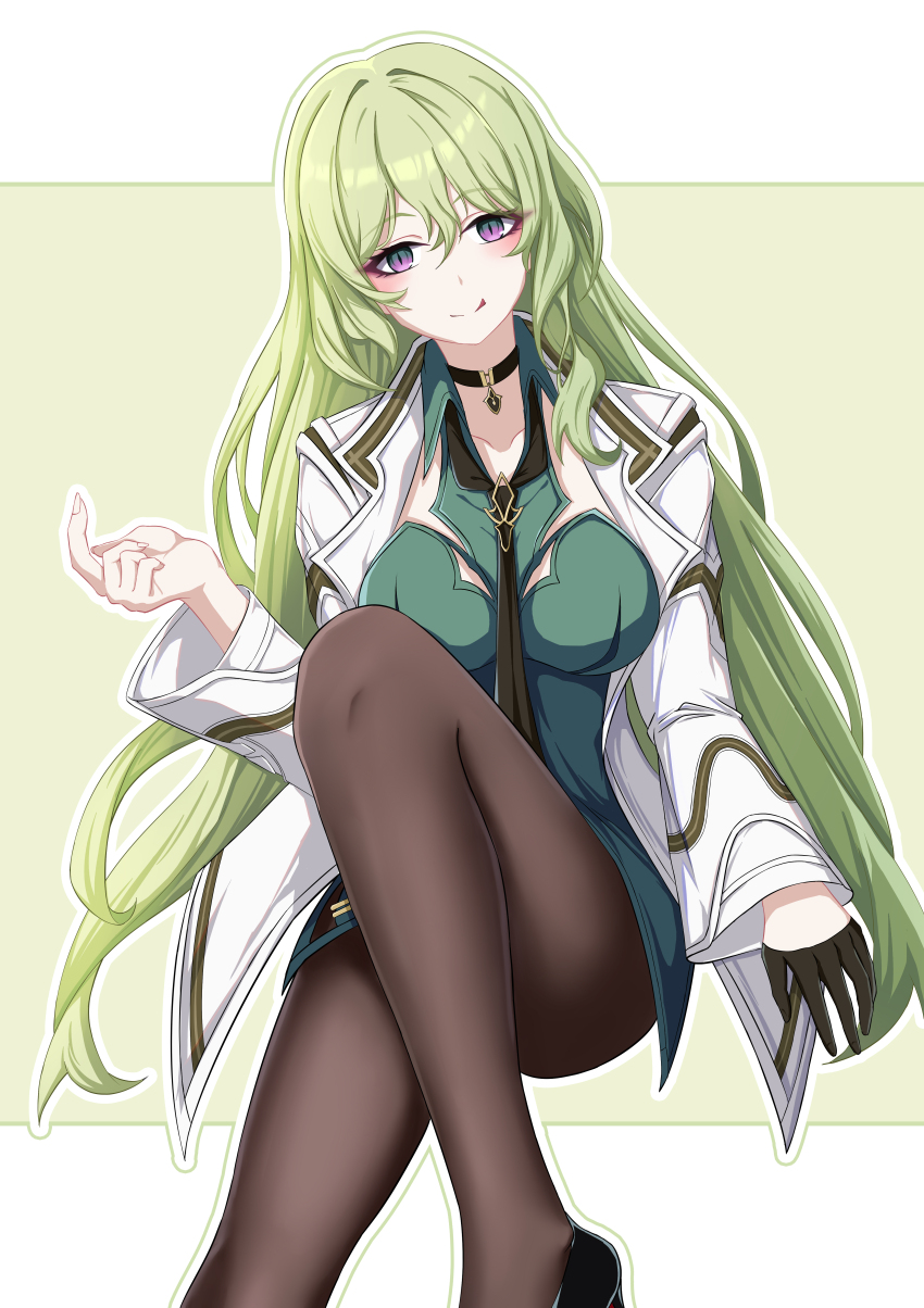 1girl :q absurdres black_choker black_footwear black_gloves black_pantyhose border breasts brown_pantyhose chinese_commentary choker cleavage closed_mouth coat dress gloves green_background green_hair green_shirt hair_between_eyes half_gloves high_heels highres honkai_(series) honkai_impact_3rd invisible_chair jacket jin_li_(107194530) long_hair long_sleeves looking_at_viewer medium_breasts mobius_(honkai_impact) necktie open_clothes pantyhose purple_eyes shirt simple_background single_glove sitting slit_pupils smile solo tongue tongue_out two-tone_background white_border white_coat white_jacket