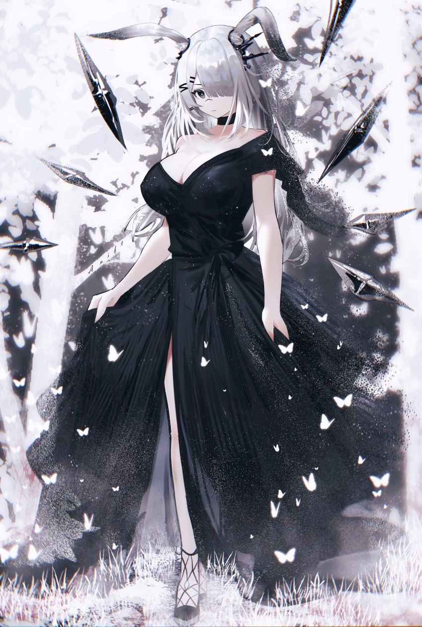 1girl absurdres alternate_breast_size alternate_costume an1ftt animal_ears arknights black_choker black_dress breasts choker cleavage dress ear_ornament frostnova_(arknights) grey_eyes grey_hair hair_over_one_eye highres large_breasts long_hair looking_at_viewer originium_(arknights) rabbit_ears rabbit_girl scar scar_on_face scar_on_nose short_sleeves solo standing