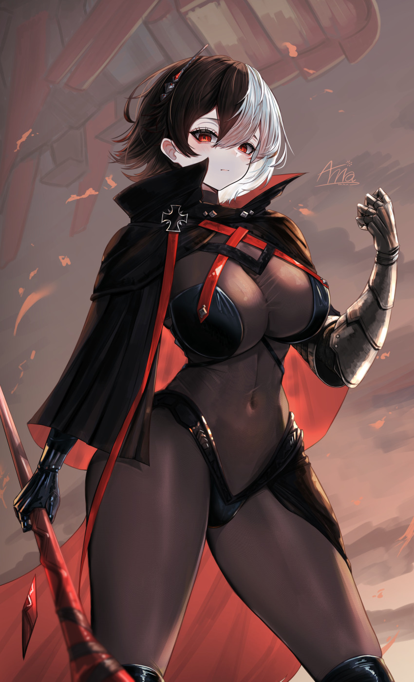 1girl absurdres annasui_factory azur_lane black_cape black_hair bodystocking breasts bruenhilde_(azur_lane) cape collared_cape commentary covered_navel cross gauntlets hair_between_eyes highres holding iron_cross large_breasts looking_at_viewer multicolored_hair red_eyes signature solo split-color_hair two-sided_cape two-sided_fabric two-tone_hair white_hair