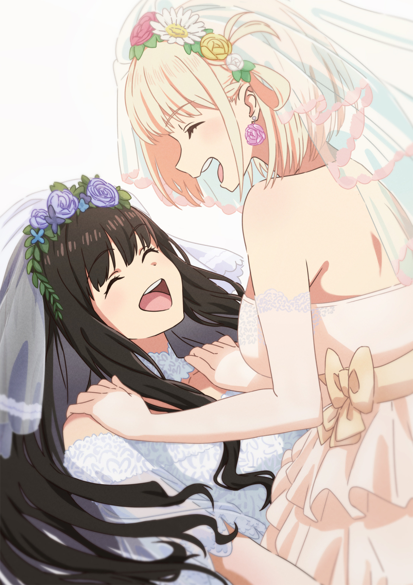 2girls asada7101 bare_shoulders blonde_hair breasts bridal_veil brown_hair closed_eyes dress female_focus flower hair_flower hair_ornament highres inoue_takina large_breasts long_hair lycoris_recoil multiple_girls nishikigi_chisato open_mouth short_hair smile strapless strapless_dress veil wedding wedding_dress wife_and_wife yuri