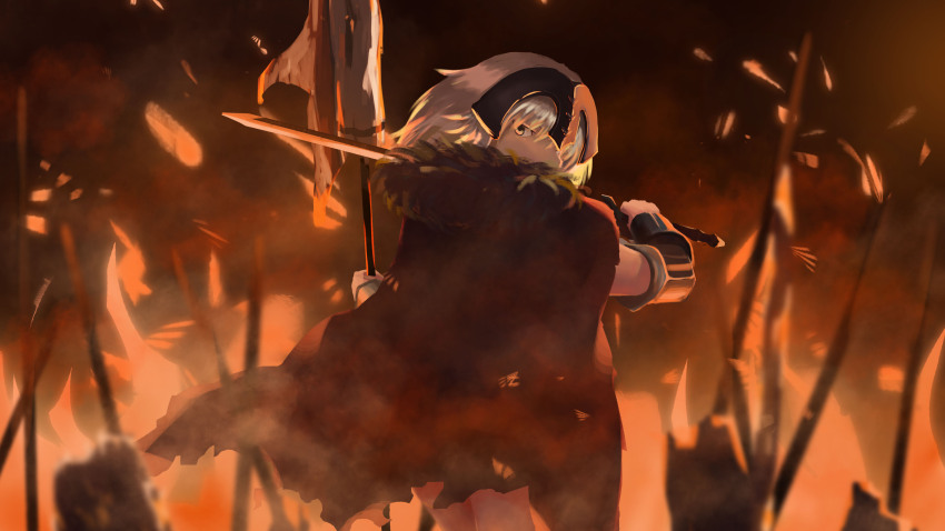 1girl absurdres backlighting black_cape blonde_hair cape cowboy_shot embers fate/grand_order fate_(series) fire from_side fur-trimmed_cape fur_trim hair_between_eyes headpiece highres jeanne_d&#039;arc_alter_(fate) looking_at_viewer lovetigerfish mixed-language_commentary short_hair smoke solo standard_bearer sword torn_flag weapon yellow_eyes