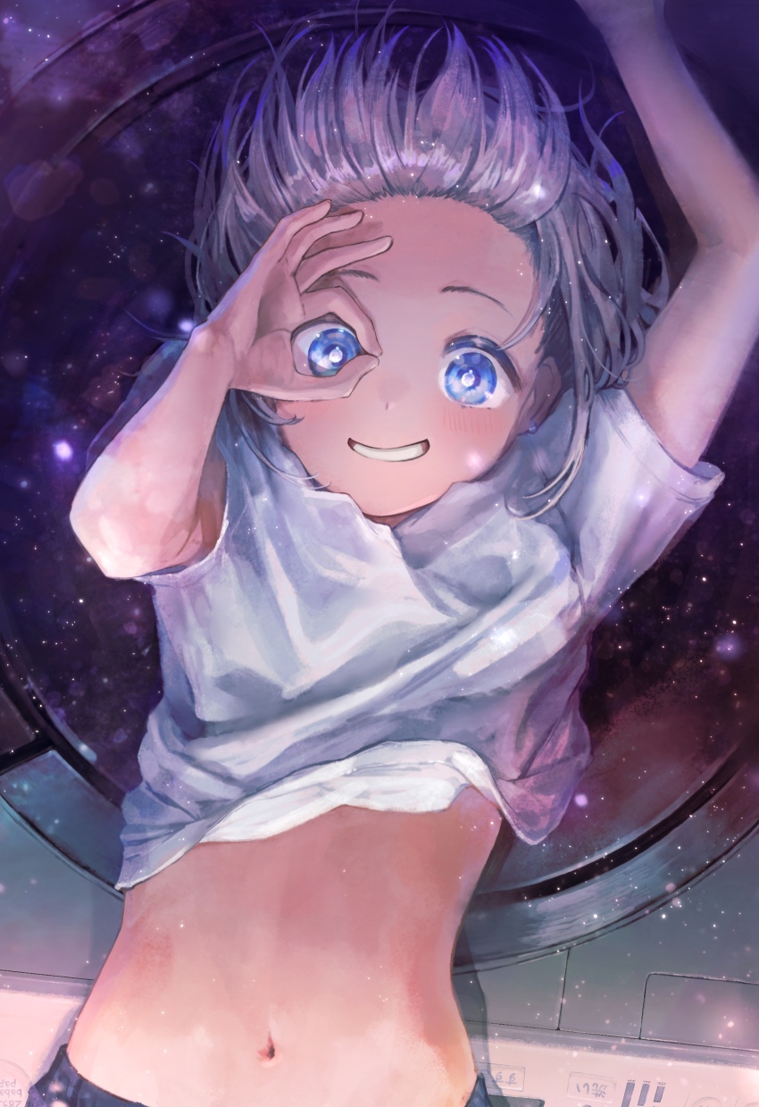 1girl absurdres arm_up blue_eyes blush bright_pupils clothes_lift commentary_request dutch_angle earrings forehead grey_hair grin hai_bokusha hand_up highres idolmaster idolmaster_shiny_colors jewelry looking_at_viewer medium_hair midriff_peek navel ok_sign ok_sign_over_eye serizawa_asahi shirt shirt_lift smile solo upper_body upside-down white_pupils white_shirt wide-eyed