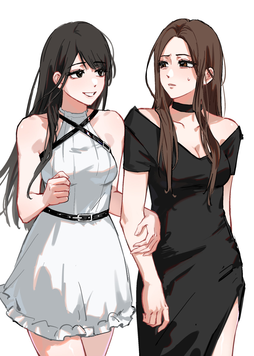 2girls absurdres belt black_belt black_choker black_dress black_eyes black_hair brown_eyes brown_hair choker dress halter_dress halterneck hanye50900348 highres holding_another&#039;s_arm long_hair looking_at_another lu_xiaoran multiple_girls nv_qin_jie_shi_xiluo_chang scoop_neck short_sleeves small_sweatdrop smile very_long_hair white_dress xia_yitong