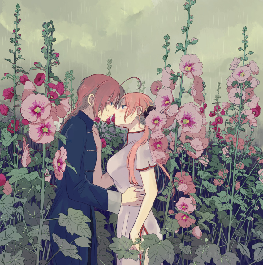 1boy 1girl ahoge blush brother_and_sister bun_cover china_dress chinese_clothes closed_mouth cloud cloudy_sky couple cowboy_shot dress field flower flower_field from_side gintama grey_dress hand_on_another&#039;s_hip hand_on_another&#039;s_shoulder hetero highres imminent_kiss incest kagura_(gintama) kamui_(gintama) long_hair nuka_(nukamochi) orange_hair pink_flower rain red_hair short_sleeves siblings side_slit sky twintails