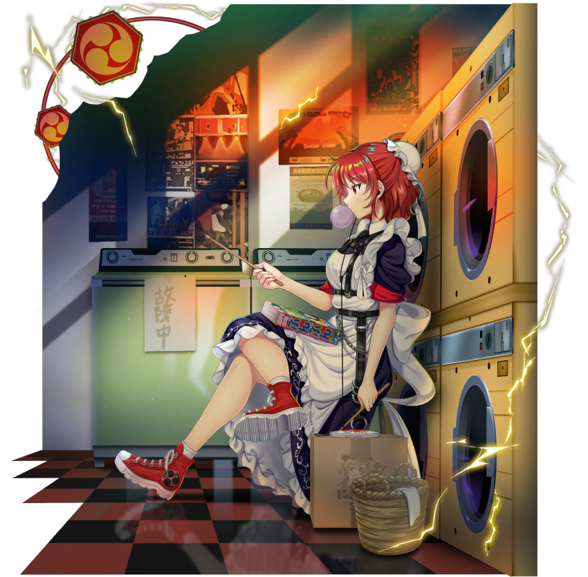 1girl alternate_costume alternate_hairstyle apron back_bow blowing_bubbles blue_dress book bow box bun_cover cardboard_box chain character_print chewing_gum clothes_dryer crossed_legs dress drum drumsticks earbuds earphones electricity enmaided game_cg hair_bun highres holding holding_drumsticks horikawa_raiko instrument kawashiro_nitori maid maid_apron official_art red_eyes red_footwear red_hair reflective_floor rotte_(1109) single_hair_bun solo taiko_drum third-party_source touhou touhou_lostword translation_request transparent_background washing_machine white_apron white_bow