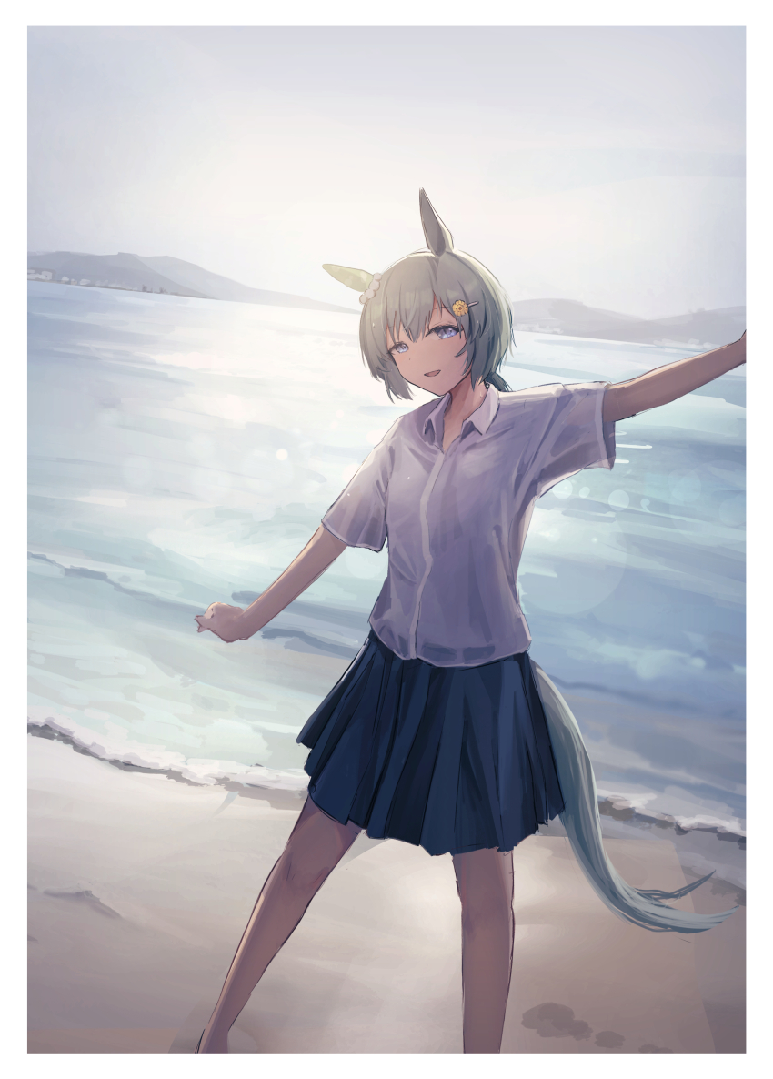 1girl absurdres alternate_costume animal_ears beach blue_eyes blue_skirt border collared_shirt ear_covers feet_out_of_frame flower grey_hair hair_flower hair_ornament hairclip highres horizon horse_girl horse_tail looking_at_viewer ocean open_mouth outdoors pleated_skirt sand seikatsu seiun_sky_(umamusume) shirt shore short_hair short_sleeves single_ear_cover skirt smile standing tail umamusume water white_border white_shirt