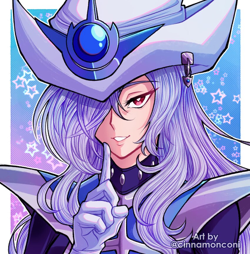 1girl absurdres artist_name cinnamonconi duel_monster gloves grey_hair hair_over_one_eye hat highres long_hair looking_at_viewer purple_eyes silent_magician smirk star_(symbol) white_gloves white_hat wizard_hat yu-gi-oh!