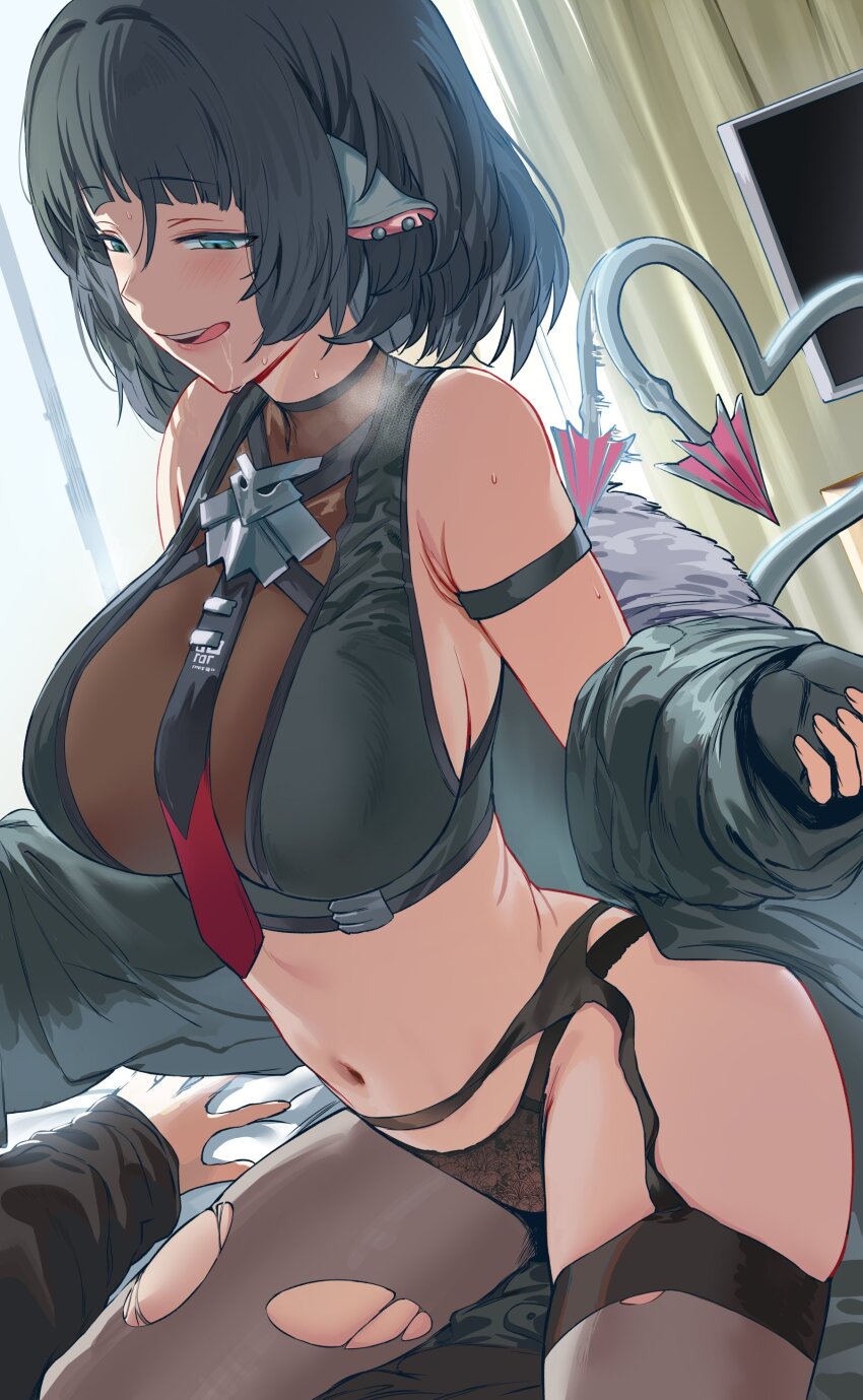 1boy 1girl absurdres animal_ears arm_strap backlighting bed black_hair black_pantyhose black_thighhighs blush curtains drooling dutch_angle garter_belt girl_on_top green_eyes half-closed_eyes heavy_breathing hews highres indoors jacket jane_doe_(zenless_zone_zero) kneeling long_sleeves looking_down mouse_ears mouse_girl mouse_tail naughty_face navel necktie on_bed open_clothes open_jacket pantyhose sharp_tail short_hair single_leg_pantyhose single_thighhigh stomach tail thighhighs tongue tongue_out torn_clothes torn_pantyhose torn_thighhighs window zenless_zone_zero