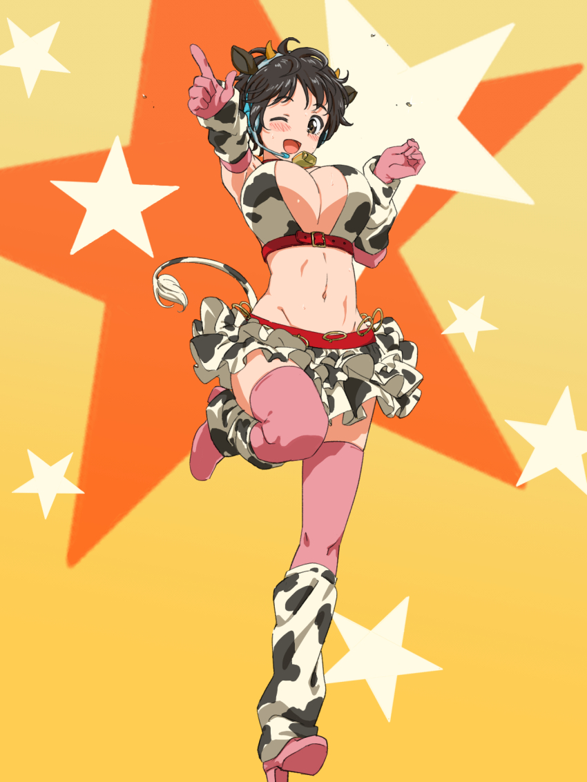 1girl ;d animal_ear_hairband animal_ears animal_print bell blush breasts brown_eyes brown_hair cleavage cow_ears cow_horns cow_print cow_tail cowbell dr._gero_(staedtler_0508) fake_animal_ears fake_horns fake_tail frilled_skirt frills full_body hairband headset highres horn_hairband horns idolmaster idolmaster_cinderella_girls large_breasts miniskirt navel neck_bell oikawa_shizuku one_eye_closed open_mouth pink_thighhighs pointing short_hair skirt smile solo standing standing_on_one_leg star_(symbol) starry_background stomach sweat tail thighhighs