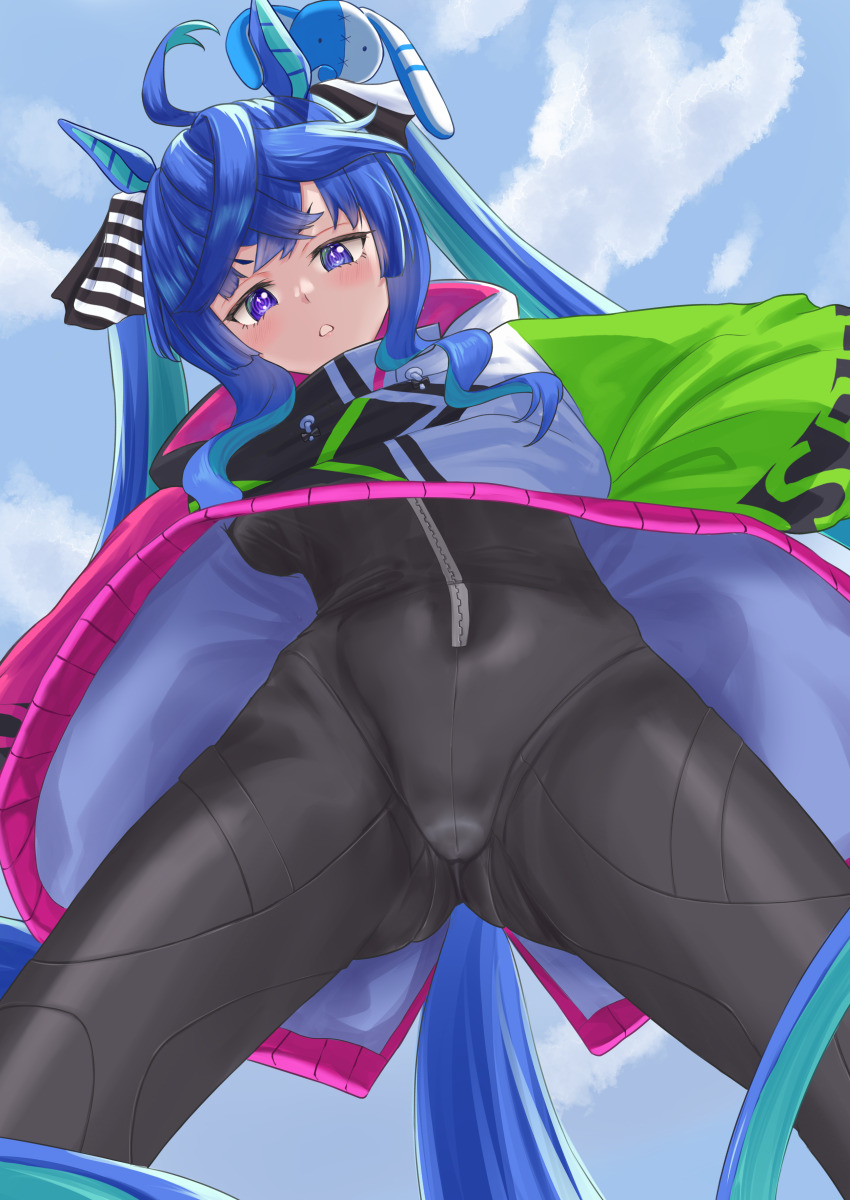 1girl @_@ absurdres ahoge animal_ears aqua_hair black_bodysuit blue_eyes blue_hair blue_sky blush bodysuit bodysuit_under_clothes bow cloud commentary_request cowboy_shot crossed_bangs crotch drawstring from_below hair_bow heterochromia highres hood hoodie horse_ears horse_girl horse_tail legs_apart long_hair long_sleeves looking_down multicolored_clothes multicolored_hair multicolored_hoodie parted_lips purple_eyes sidelocks skin_tight sky solo striped_bow stuffed_animal stuffed_rabbit stuffed_toy tail tatsumi_yashiro twin_turbo_(umamusume) twintails two-tone_hair umamusume zipper