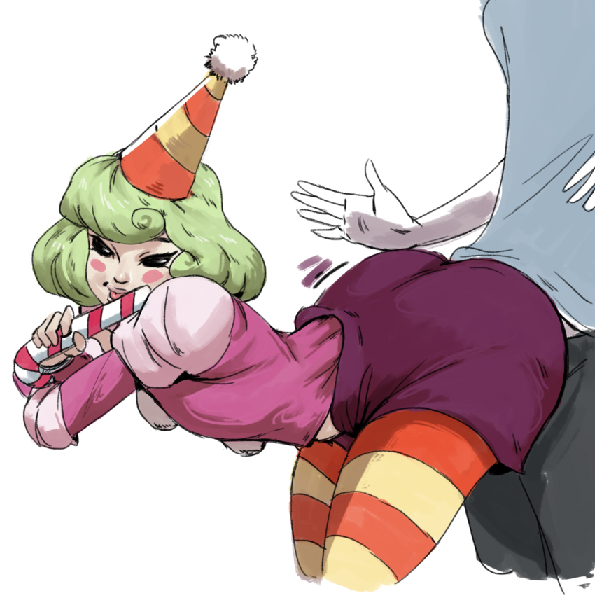 2boys ass bent_over bon_bon_(little_nemo) green_hair hat little_nemo_adventures_in_slumberland male_focus multiple_boys shorts teasing thighhighs trap yaoi