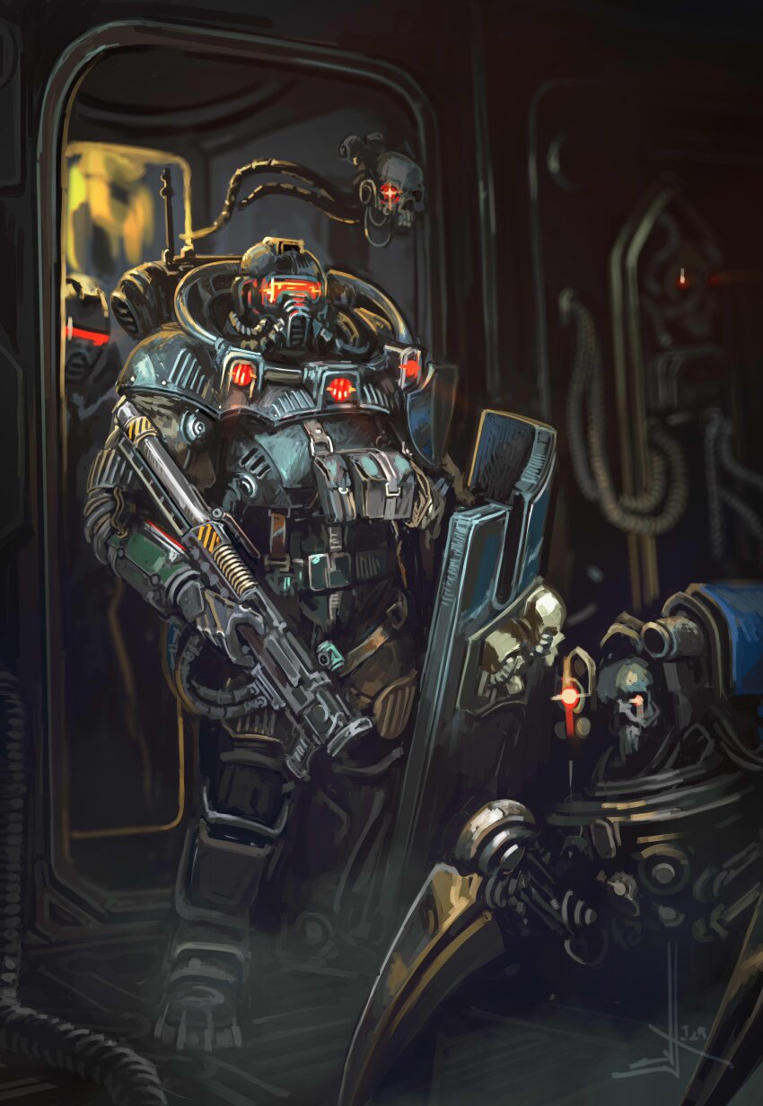 1other 2boys absurdres armor armored_boots boots cable doorway full_armor glowing glowing_eyes gun hazard_stripes helmet highres holding holding_gun holding_shield holding_weapon knee_pads multiple_boys nictanova pouch servitor servo-skull shield skull_ornament space_helmet spacesuit strap warhammer_40k weapon