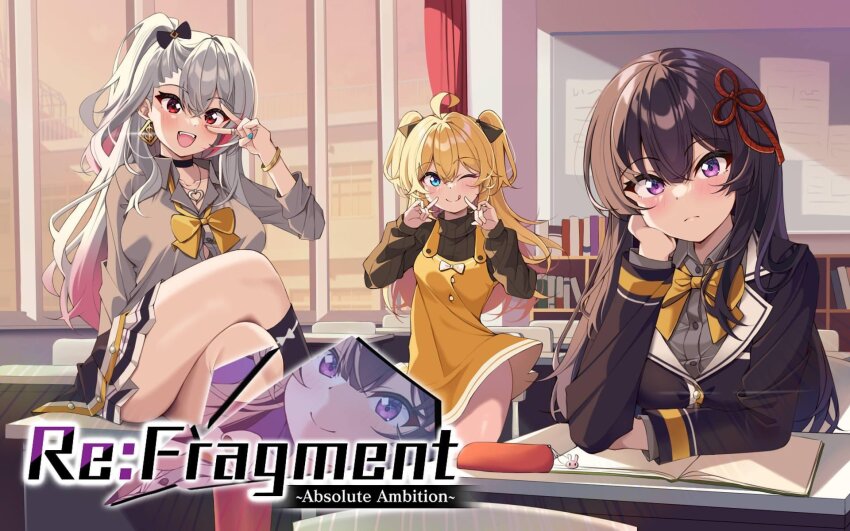 3girls :q ahoge arm_behind_back backlighting black_bow black_choker black_hair black_jacket black_shirt black_socks blonde_hair blue_eyes blue_nails blush book bow bracelet breasts chair choker classroom closed_mouth clothes_lift collared_jacket collared_shirt commentary copyright_name cover crossed_bangs crossed_legs curvy desk dollar_sign double-parted_bangs dress dress_lift dress_shirt earrings fangs feet_out_of_frame frown glint gradient_hair grey_hair grey_shirt gyaru hair_between_eyes hair_bow hair_intakes hand_up happy head_rest heart heart_necklace highres index_fingers_raised indoors jacket jewelry kneehighs kogal kuromiya_reika kusaka_yuno large_breasts long_hair long_sleeves miniskirt multicolored_hair multiple_girls nail_polish necklace official_art one_side_up open_book pinafore_dress pink_hair pleated_skirt promotional_art puffy_long_sleeves puffy_sleeves purple_eyes ray_(rays_26) re:fragment_~absolute_ambition~ red_eyes ring school_chair school_desk school_uniform shirasaki_maya shirt sidelighting sitting sitting_on_table skirt sleeveless sleeveless_dress sleeves_past_wrists small_breasts socks split_mouth straight_hair striped_clothes striped_shirt teeth thighs tongue tongue_out tsurime two_side_up upper_body upper_teeth_only v v_over_eye vertical-striped_clothes vertical-striped_shirt very_long_hair video_game_cover wavy_hair window yellow_bow yellow_dress